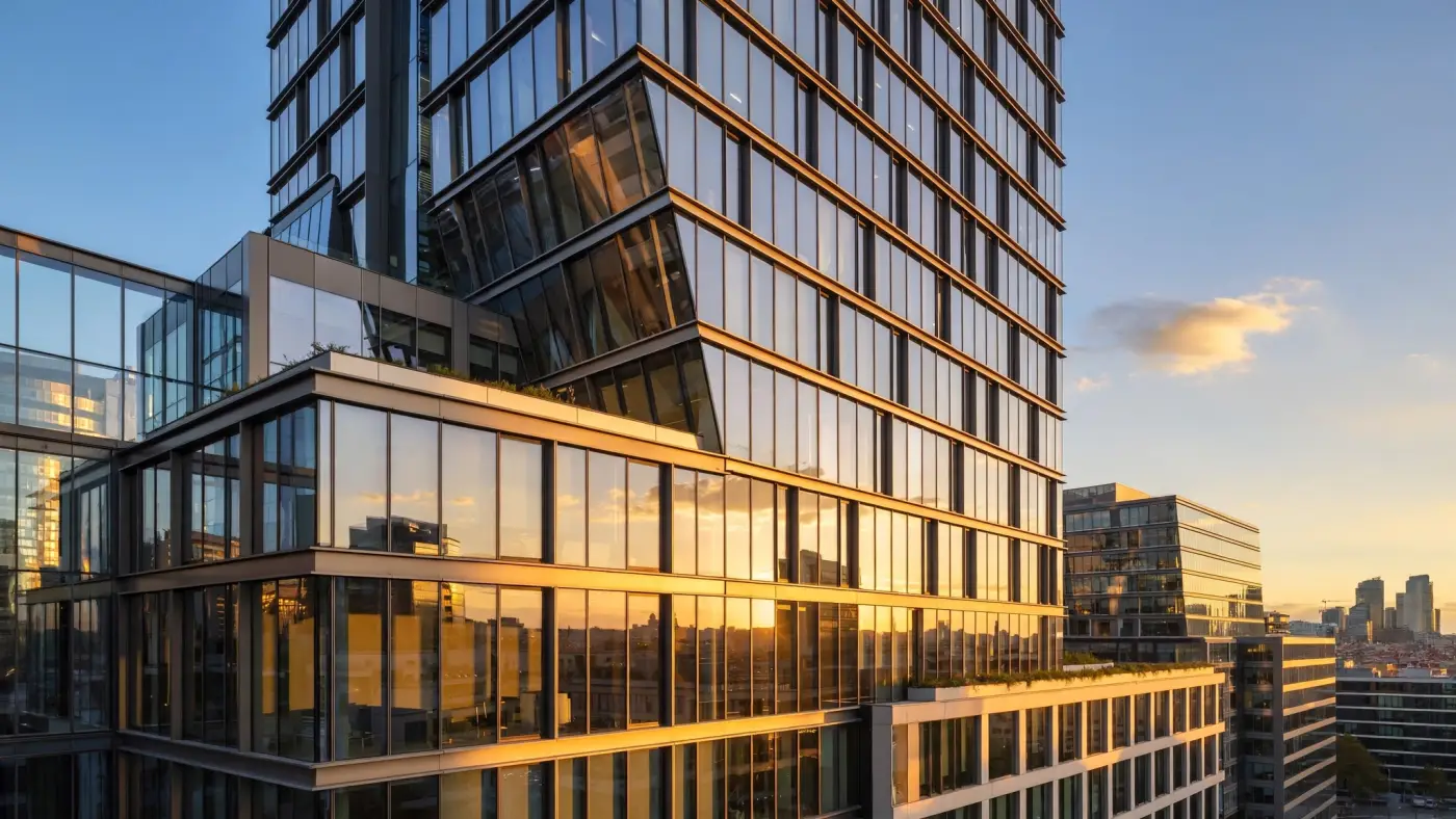 Distrito empresarial moderno en Barcelona al atardecer