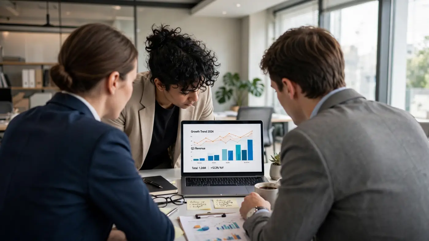 Grupo de personas revisando gráficos financieros en un portátil