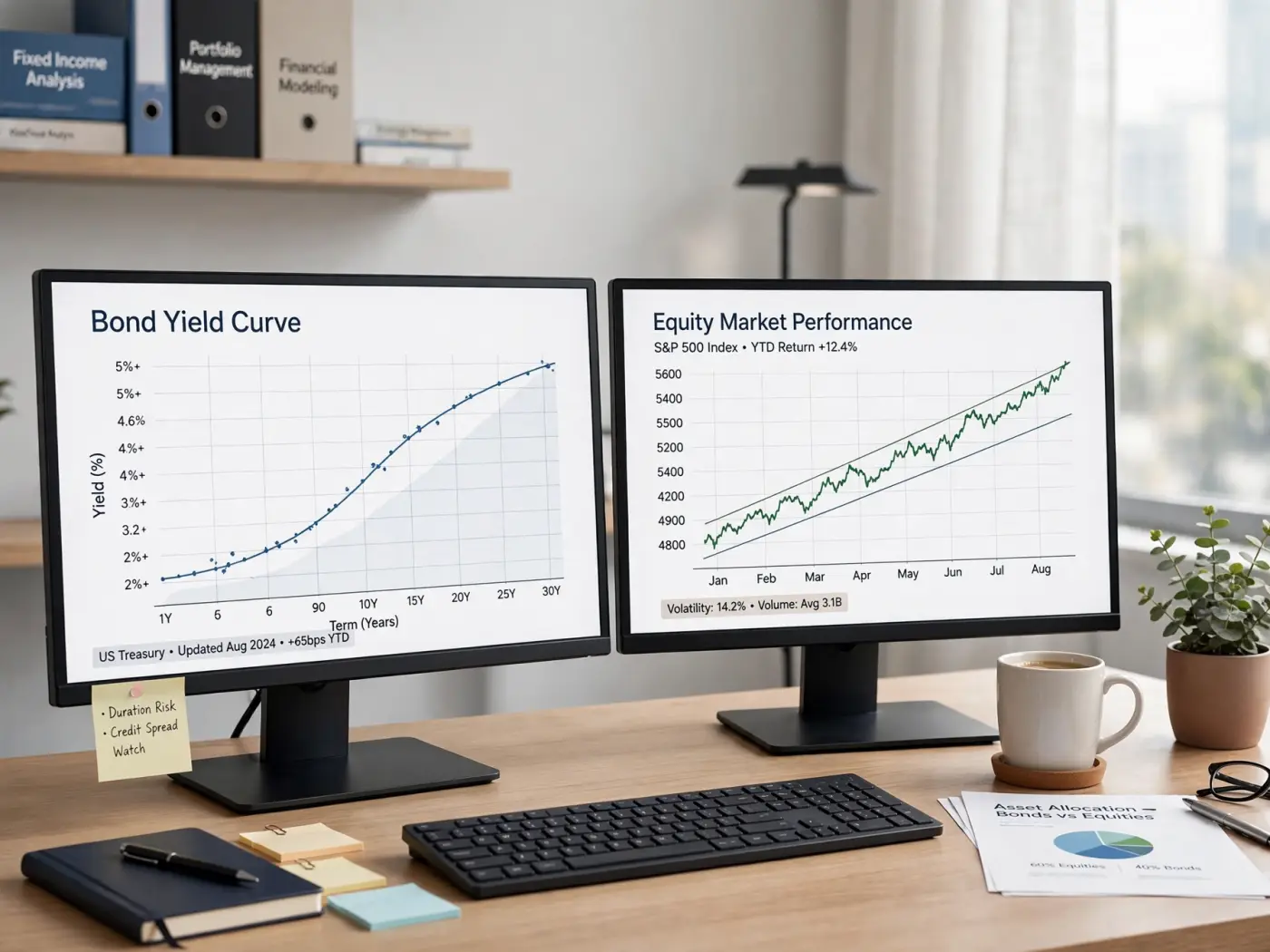 Espacio de trabajo de análisis con monitores mostrando gráficos conceptuales