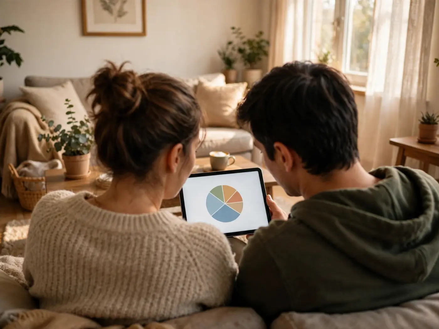 Pareja revisando un presupuesto familiar en una tableta